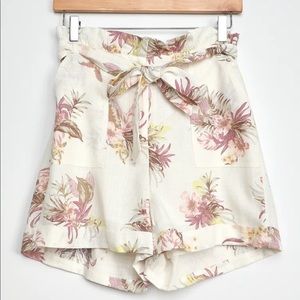 White Floral Print Paper Bag Waist Shorts